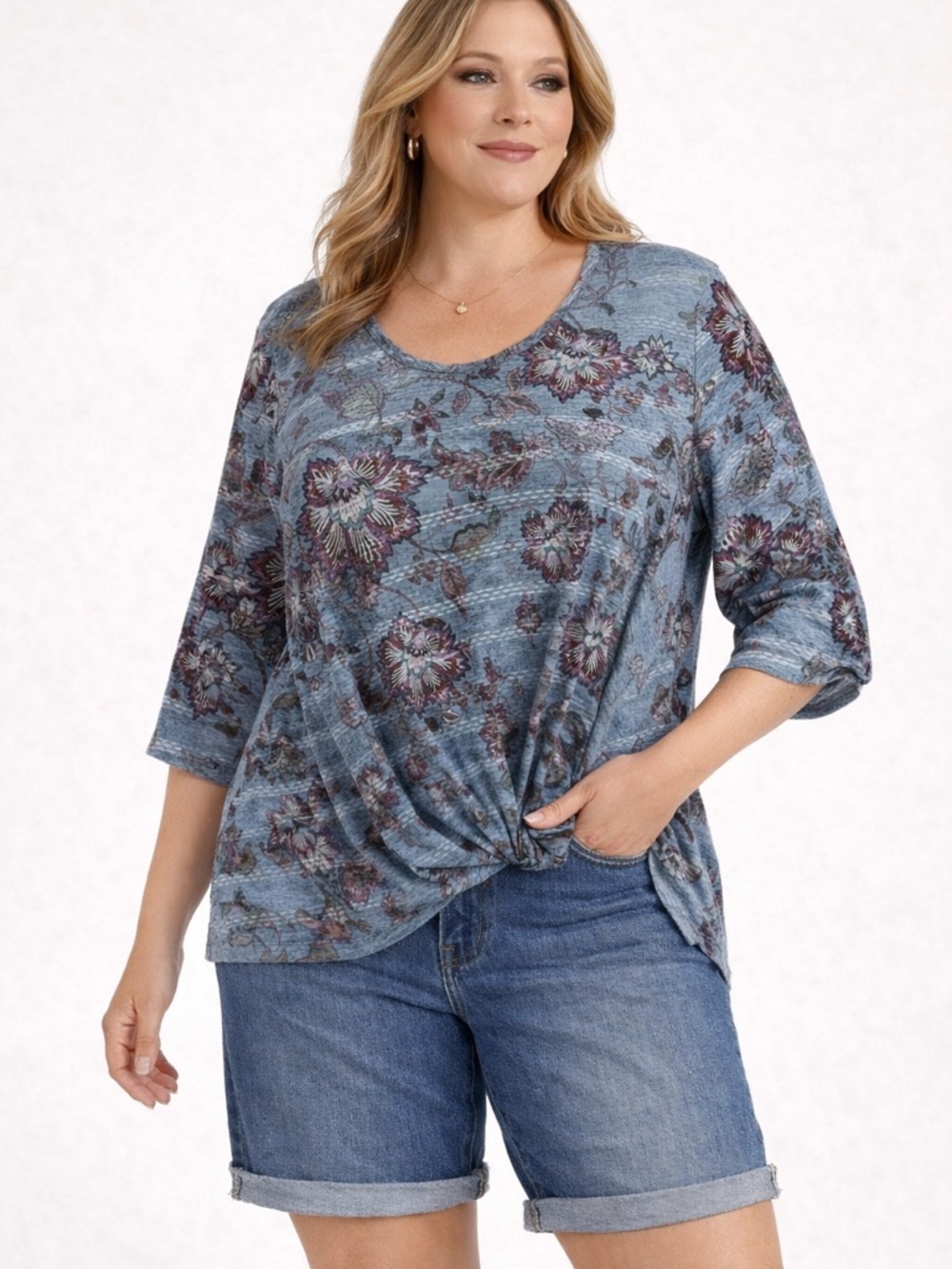 One World Boho Floral‎ Twist Front lightweight Leisure Blouse Top Size L